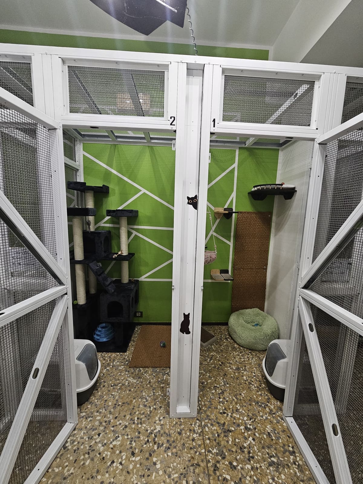 I box per gatti 1 e 2 con le porte in rete aperte: tiragraffi, mensole a parete, cuccia rotonda e lettiere